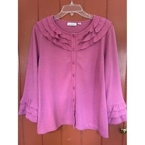 Joan Rivers Pink Ruffle Neck Button Front Cardigan Sweater Womens Large